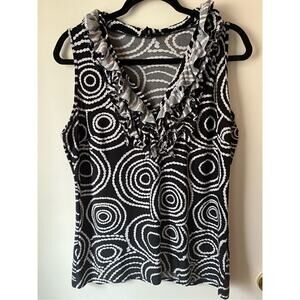 Milano Black & White Geometric Ruffle Neck Sleeveless Blouse Size Large